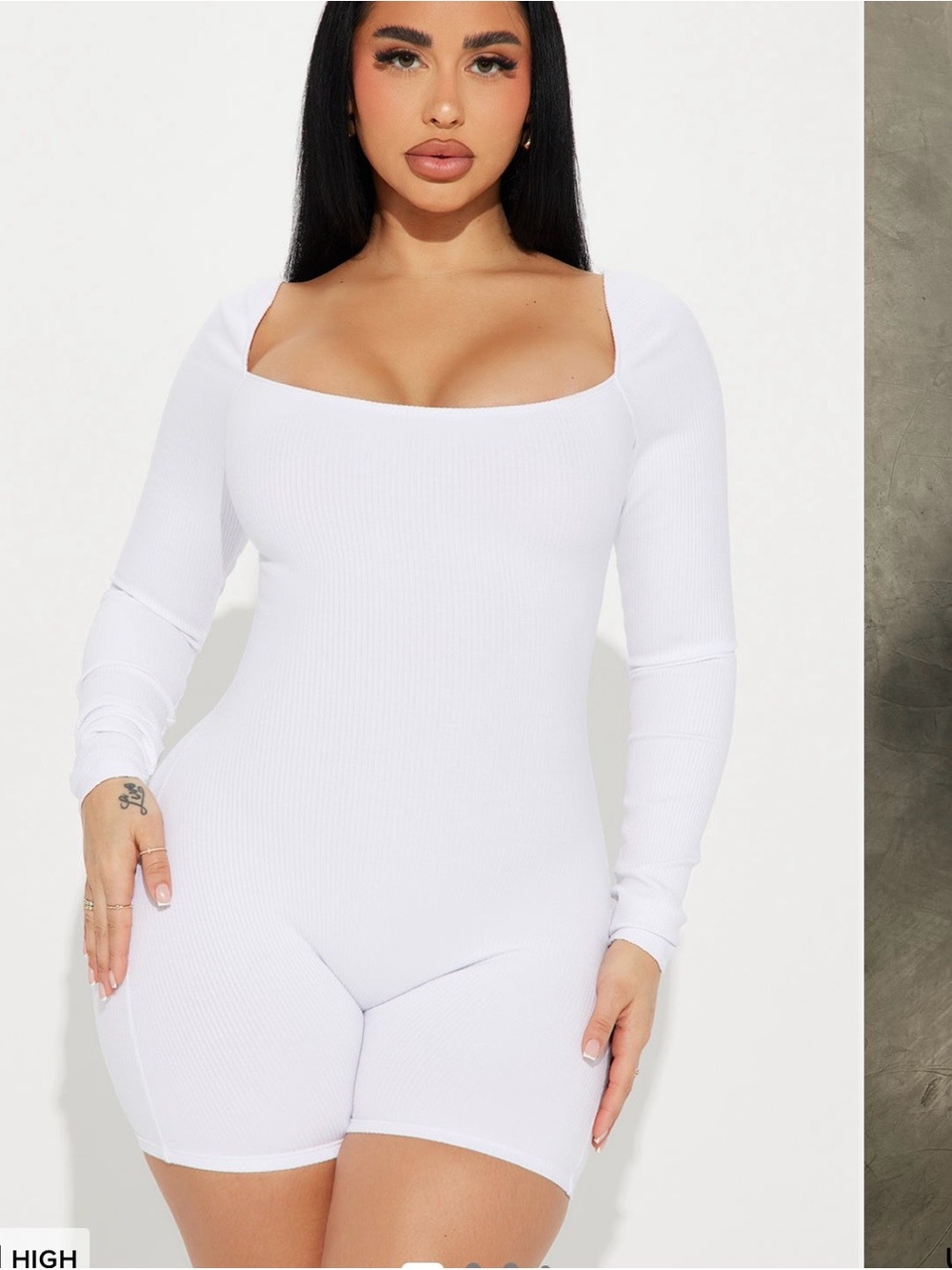 Fashion Nova White Ribbed Square Neck Long Sleeve Bodysuit Romper